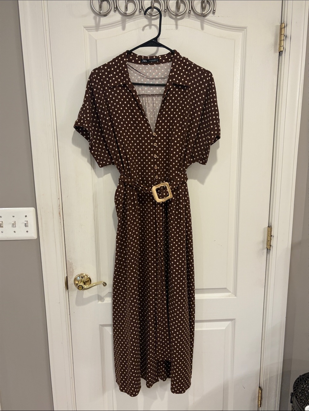 Zara Brown Polka Dot Midi Dress with Contrast Belt